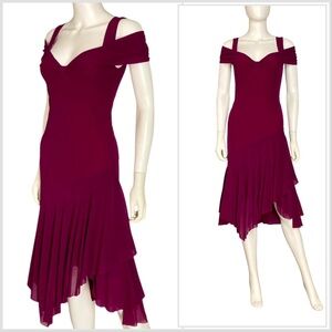 Y2K magenta Fuzzi Italy nylon sheer mesh body-con off shoulder layered dress